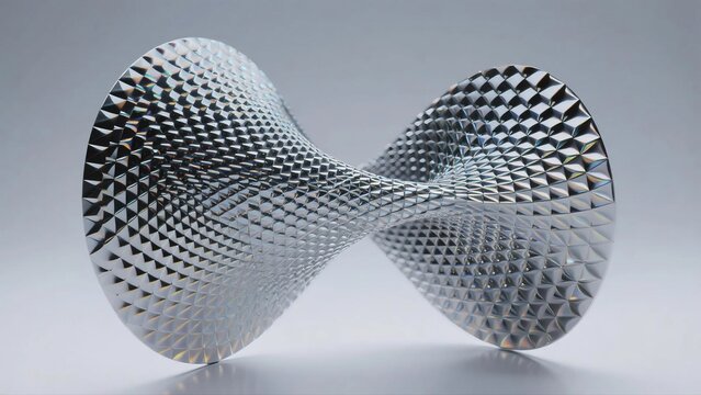 Abstract twisted hyperbolic solid shape with faceted mirrored diamond cut surface on plain light gray background, modern minimal geometric 3d abstract art concept