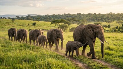 Obraz premium Herd of elephants walking in line through savanna