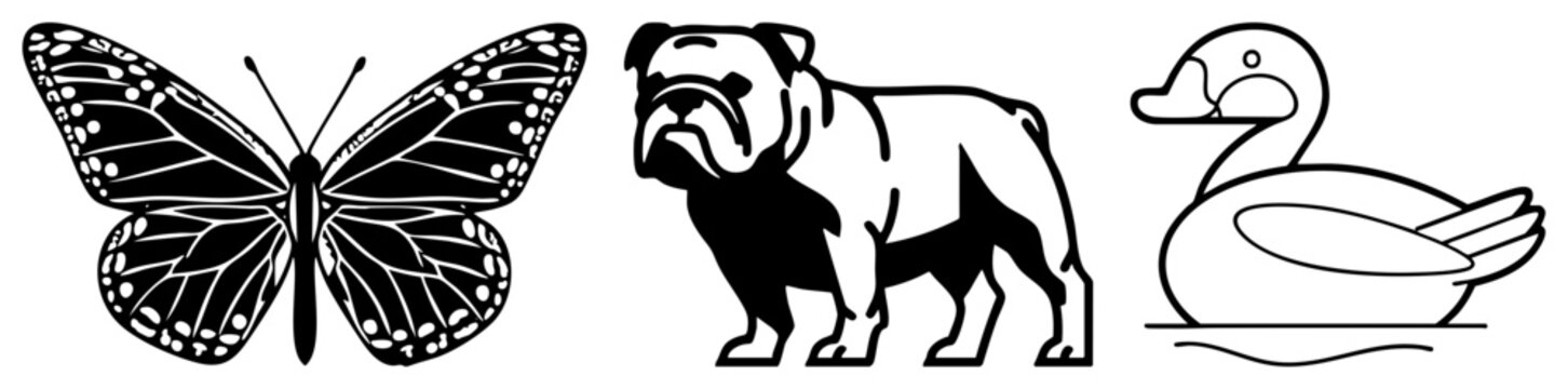 Set of three distinct creatures including a butterfly, a sturdy bulldog, and a graceful duck. These ink style silhouettes feature bold and high contrast shapes.