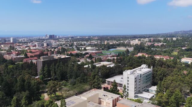 University of California Los Angeles campus showing iconic buildings like Boelter Hall and skyline with Santa Monica background on sunny day