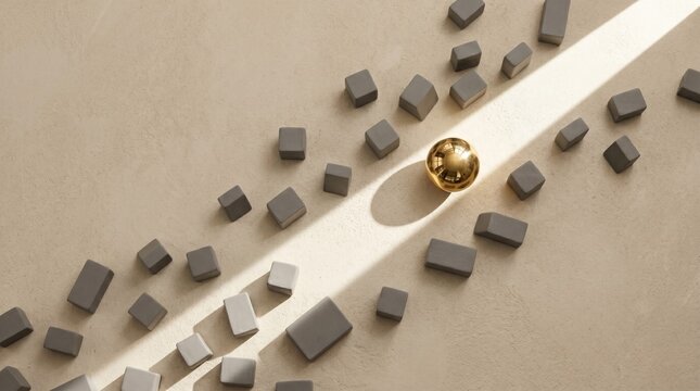 Polished Brass Sphere Illuminated by Sunlight Path Among Gray Blocks Symbolizing Customer Discovery Brand Visibility And First Impressions