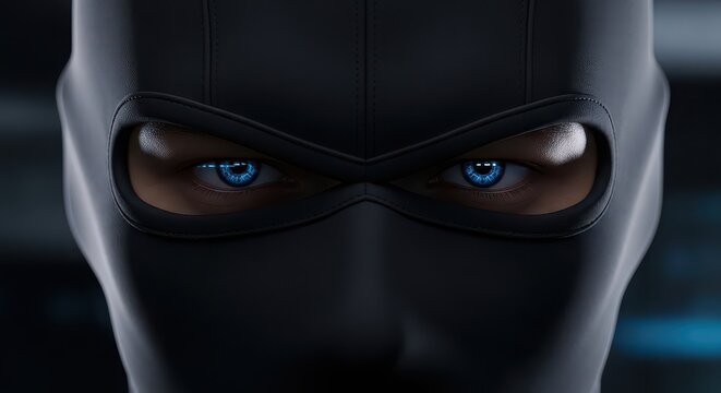 Closeup of a person wearing a sleek black ninja mask with glowing blue eyes in a dark setting.