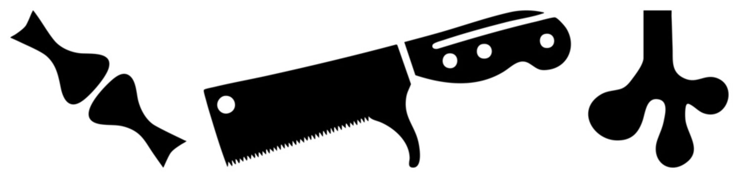 Sharp meat cleaver or chopping knife rests alongside fluid blobs and organic blobs. This kitchen tool set includes a butcher blade and decorative splatters for culinary designs.