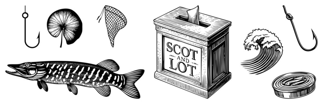 Hand drawn etching elements featuring a northern (water wolf), fishing hook, landing net, sea wave, ballot box, and a canned fish tin.