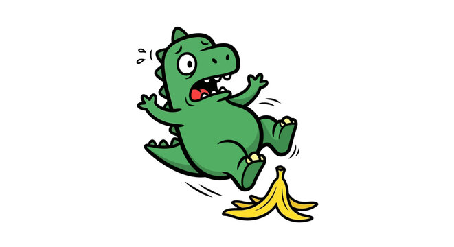 Cartoon green dinosaur slips on a banana peel, surprised by the sudden comical accident