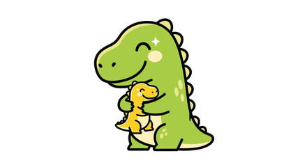 Fototapeta premium Cute cartoon dinosaur mom hugging her baby, illustration