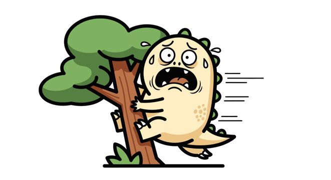 Humorous cartoon creature character panicking in fear, attempting to climb a tree