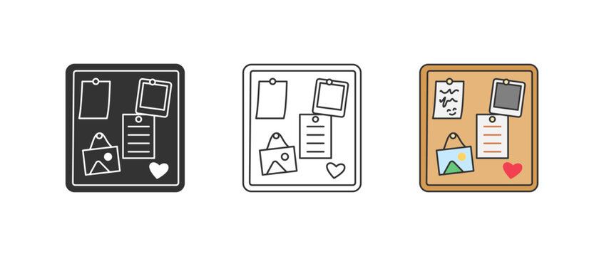 Cork pinboard with notes icon set, office bulletin board and memo wall organizer symbol. Square board with pinned paper notes, a photo, a polaroid snapshot, a tag and a heart, planning and creativity 