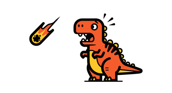 Orange dinosaur startled by a falling meteor with a paw print