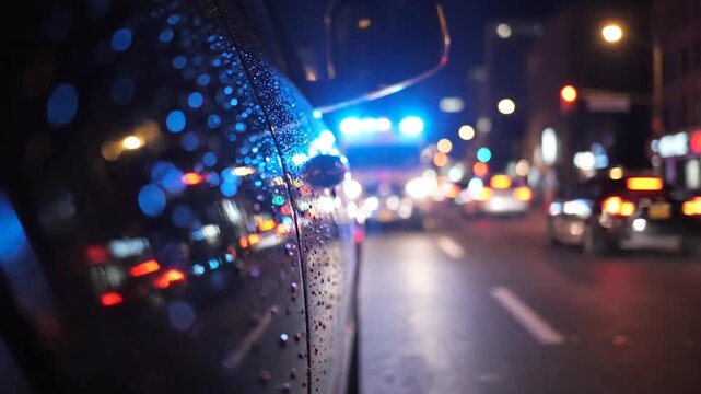 Car on Rainy City Street at Night Urban Traffic Scene