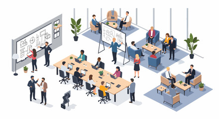 Fototapeta premium Isometric illustration of a bustling office space with various teams collaborating at desks and around a conference table, surrounded by plants and presentation boards on a clean white