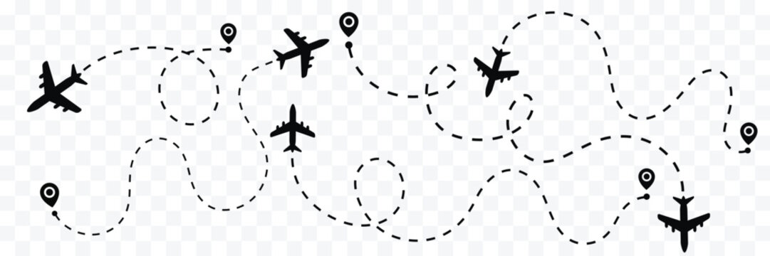 Airplane dotted route line icon set.flight path with dashed tracking line from origin pin to destination marker for travel navigation icon.Infographic colorful paper airplanes collection.