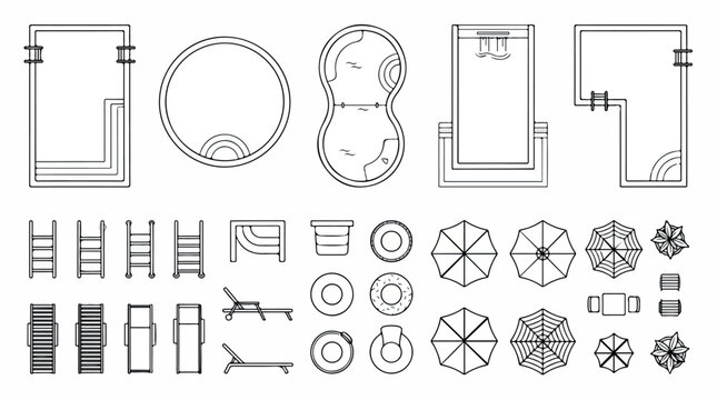 Swimming pool top view vector icons, architectural landscape plan symbols with patio furniture, outdoor pool layout elements for garden design