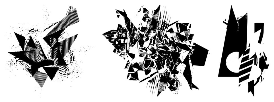 This collection of deconstructed and geometric chaos features gritty punk motifs. These edgy splatters and jagged utilize heavy halftone and high contrast ink textures.