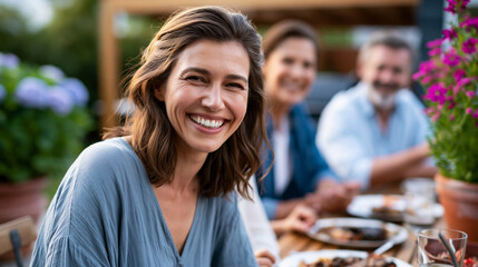 Fototapeta premium large family seated on a backyard deck eating grilled food beside potted flowers, high-resolution outdoor lifestyle image, balanced composition, friendly mood, barbecue table,