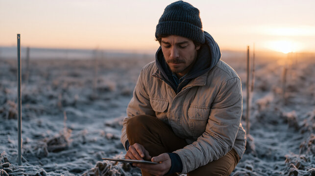 Agronomist crouching in pre-dawn frost-covered soybean field checking wireless temperature sensors mounted on metal stakes while a tablet displays real-time frost alert