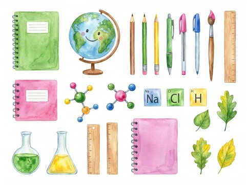Watercolor School Supplies Clipart Set with Globe, Notebooks, Pens, Rulers, Leaves and Science Flasks
