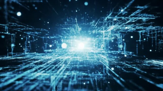 high-speed forward tracking video through an infinite electric blue fractal digital network tunnel with intricate geometric pathways, luminous data packets, and volumetric lighting, converging to a