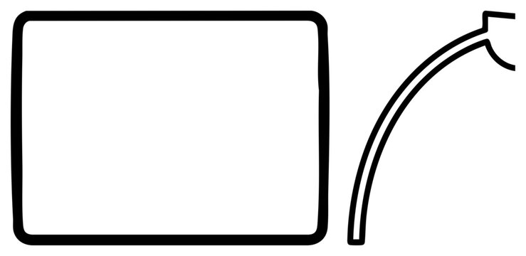 Simple black drawing featuring a blank rectangle and a curved stroke. This basic geometric doodle and squiggle element serves as a fundamental visual building block for minimalist design.