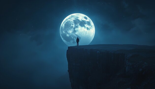 A dramatic full moon shines brightly through dark clouds over a deep blue ocean night landscape