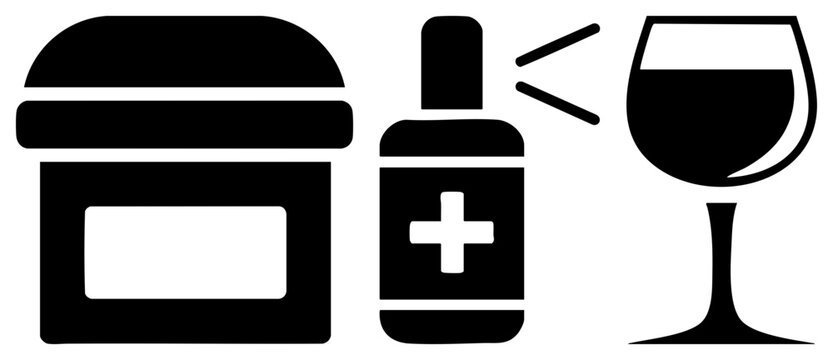 This minimalist collection features a medicinal tincture, a pill container, and a stemmed goblet. The set shows a remedy bottle next to a wine glass to represent healthcare or substance concepts.