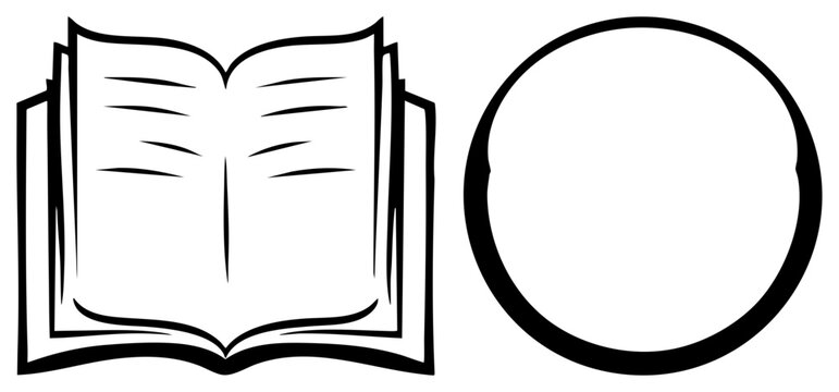 Open tome or reading material featuring a heavy art style. This bookish object, also known as a codex or tome, sits beside a simple bold ring for framing content.