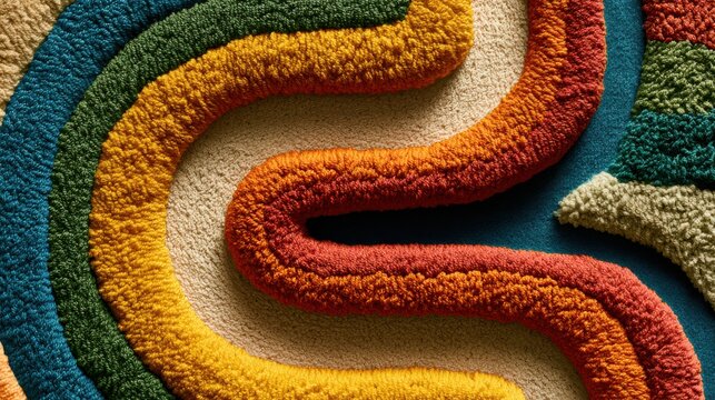 Top-down view of an abstract roadmap pathway constructed from thick tufted rug textures in vibrant retro colors. Represents product planning and corporate strategy.