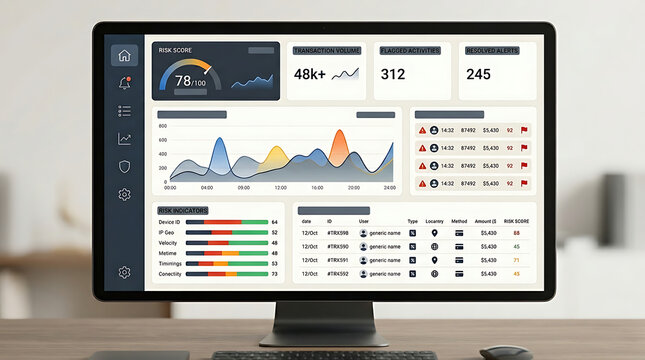 AI fraud monitoring dashboard with transaction alerts suspicious patterns graphs and risk indicators in clean minimal SaaS UI illustration for fintech security and analytics platforms design
