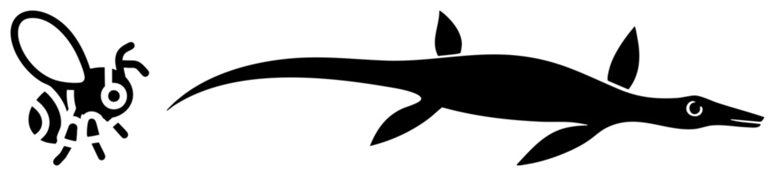 Sleek ichthyosaur silhouette swims alongside a small honeybee, or bumble, rendered in a clean stencil style. This prehistoric sea and winged bug create a stark graphic duo.