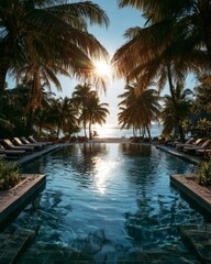 Fototapeta premium Tropical infinity pool with palm trees and ocean sunset view at luxury beach resort