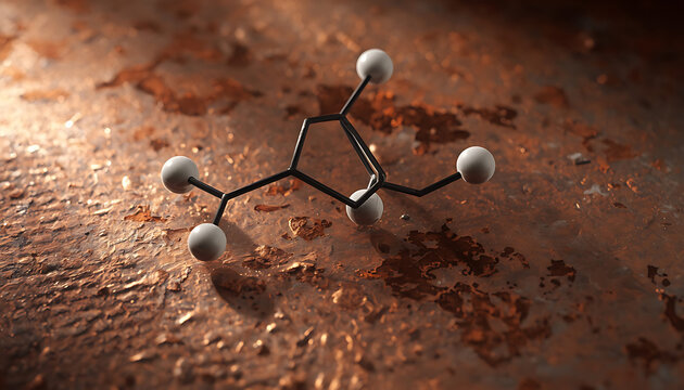 Photorealistic 3D rendering of a stylized organic molecular model, showcasing a central ring structure with atom spheres, atop a corroded metal surface
