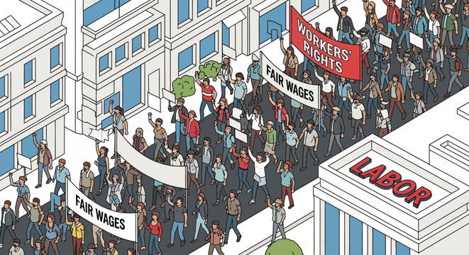 Isometric illustration of people protesting for workers rights and fair wages