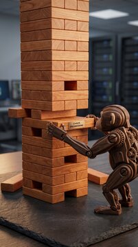 Robot pulling a block from a precarious Jenga tower, symbolizing the Technical Debt concept in software engineering with a blurred office background