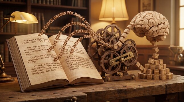 Natural Language Processing concept with text transforming from an open book into a complex wooden gear mechanism connected to a brain on a vintage library desk
