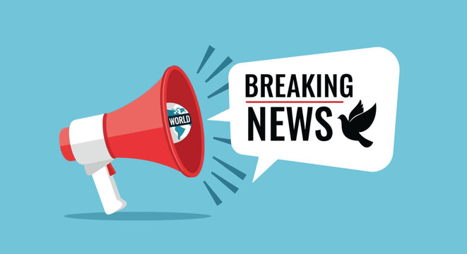 Breaking News Alert with Megaphone and World Globe Icon on Blue Background
