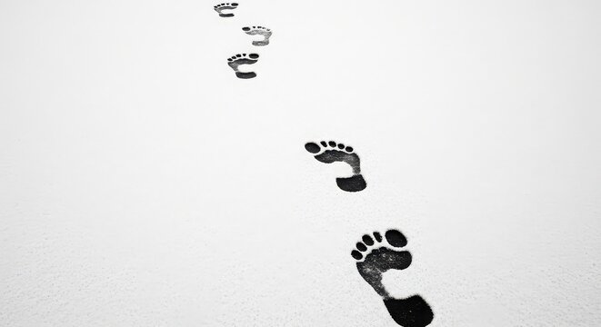 Five barefoot prints left behind in wet concrete, showing a clear path of footsteps.