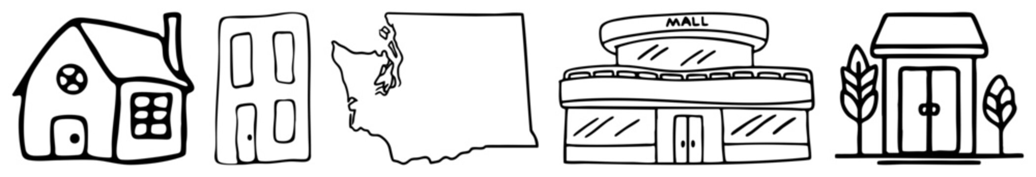 Simple doodles featuring a cozy cottage, door, Washington map, shopping mall, and storefront. These small dwellings and city structures are rendered in clean black.