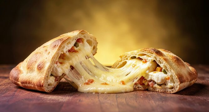 Delicious baked italian calzone pizza with melting stretching cheese for restaurant.

