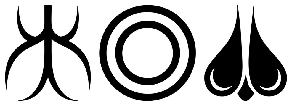 Three distinct black glyphs featuring a central shamanic sigil, a double ring mandala, and a symmetrical teardrop emblem. These ritualistic markings serve as powerful ethnic.