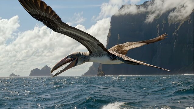 Prehistoric Pelagornithidae giant seabird gliding over an open ocean coast