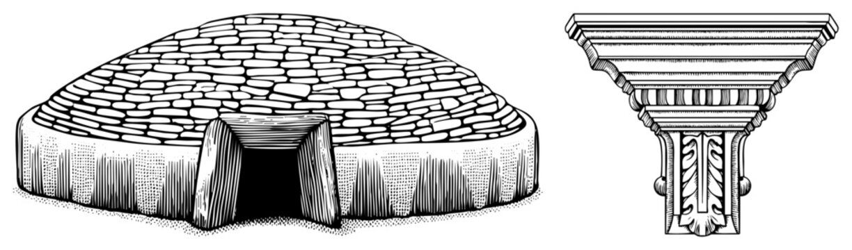 Primitive stone dwelling or roundhouse alongside a decorative masonry bracket, known as a corbel or console, featuring intricate classical carvings and textured rock masonry.