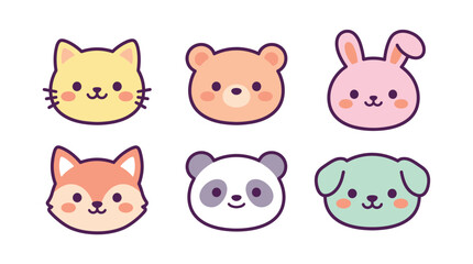 Fototapeta premium Cute kawaii animal faces with simple kawaii faces and happy expressions cats bears rabbits foxes pandas dogs.