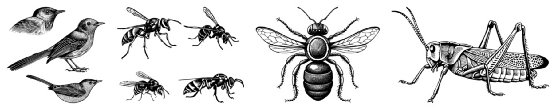 Detailed ink drawings featuring a songbird, various stinging bugs, a honeybee, and a large grasshopper. This collection of critters showcases fine work and naturalistic anatomical precision.