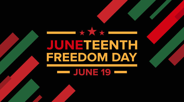 Juneteenth Freedom Day June 19 typographic banner with abstract red and green geometric shapes on black background vector