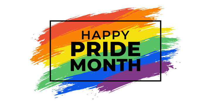 Happy Pride Month typography logo design inside frame with rainbow brush stroke background vector