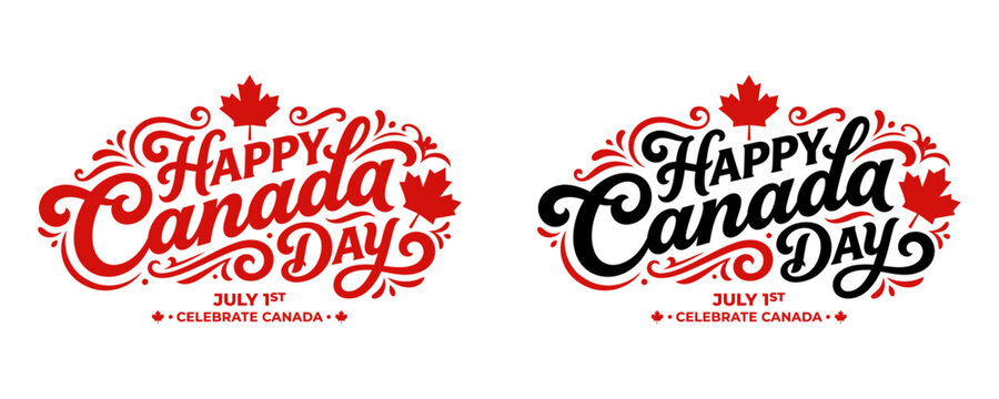 Happy Canada Day typographic logo design set with decorative swirls and maple leaves vector