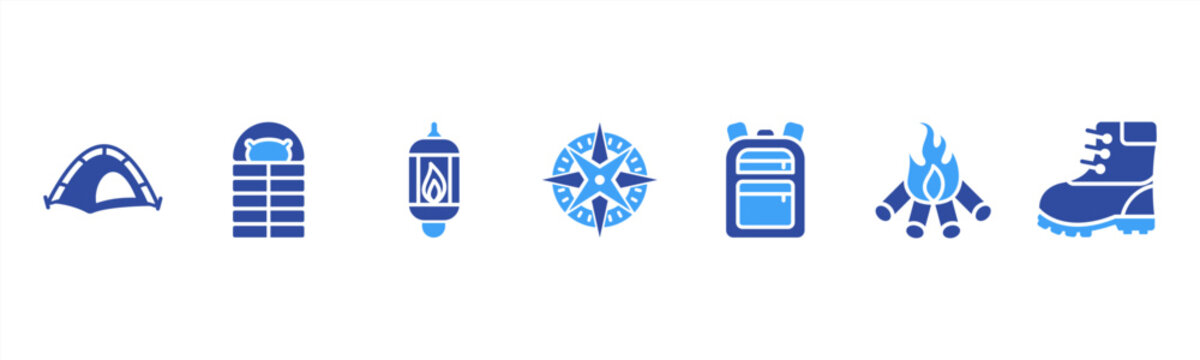 Camping Gear set featuring Tent, Sleeping Bag, Lantern, Compass, Backpack, Campfire, Hiking Boots for outdoor adventure visuals.