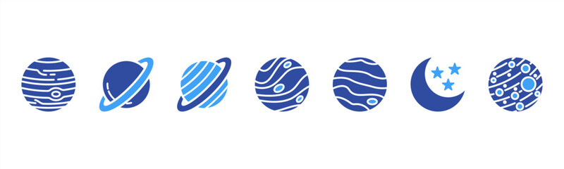 Outer Planets set featuring Jupiter, Saturn, Uranus, Neptune, Pluto, Moon, Mars for astronomy visuals. © Dewi Sari