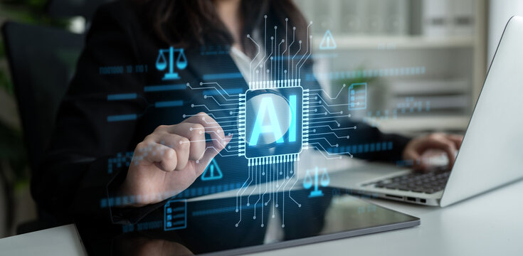 AI circuit microchip with glowing blue lines, surrounded by legal scales, warning symbols, data sheets, and binary codes, representing ethical AI, AI governance, and data integrity Latch