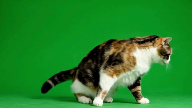 A calico domestic cat hunches uncomfortably showing signs of illness or a hairball isolated on a green screen background